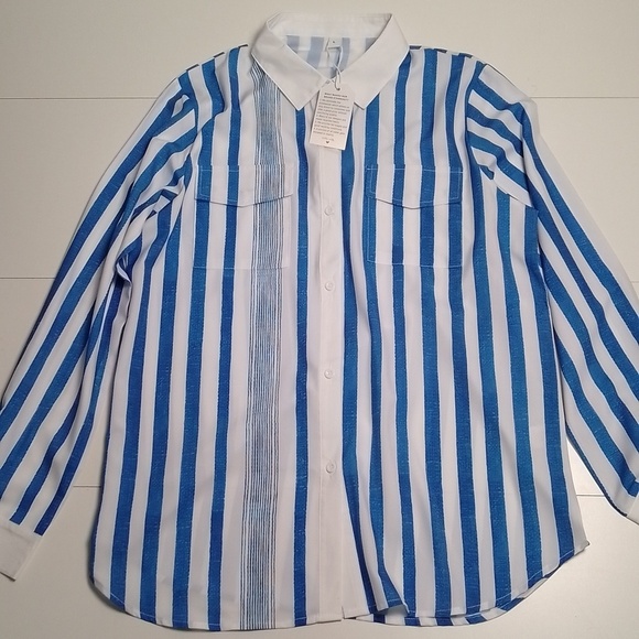 NWT woman stripped button down shirt size large lightweight satin feel. Blue - Picture 1 of 4